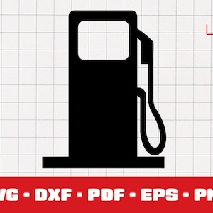 May include: Black silhouette of a gas pump with a nozzle. The pump has a rectangular body and a square base.