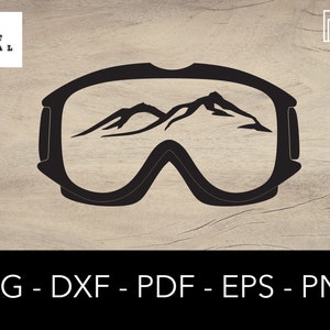 May include: Black and white silhouette of ski goggles with a mountain range reflected in the lenses.