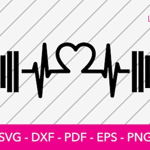 May include: Black and white silhouette of a barbell with a heart beat graphic in the center. The graphic is a stylized heart with a heartbeat line on either side.