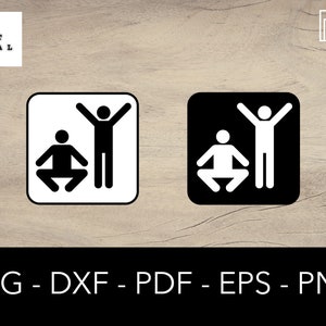 May include: Two black and white icons depicting a person sitting and a person standing with arms raised. The icons are set against a white and black background.