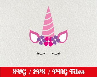 May include: A pink unicorn face with closed eyes, a pink horn with white stripes, and a flower crown with pink and purple flowers.