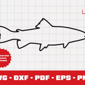 May include: Black and white line art illustration of a fish. The fish is facing right and has a fin on its back. The image is on a white background with a grid pattern.