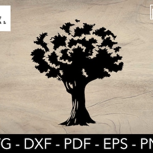 May include: A black silhouette of a tree with a thick trunk and a full, rounded canopy. The tree is isolated against a light woodgrain background.
