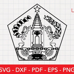 May include: Black and white illustration of the official seal of Bali, Indonesia. The seal features a five-pointed star, a traditional Balinese temple, and the words "Bali Dwipa Jaya".