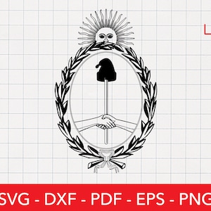 Puede incluir: Ilustraci&oacute;n en blanco y negro de l&iacute;nea de arte del escudo de armas de Argentina. El dise&ntilde;o presenta un sol con una cara humana, una corona de laurel, un gorro frigio y un bast&oacute;n con dos manos entrelazadas.