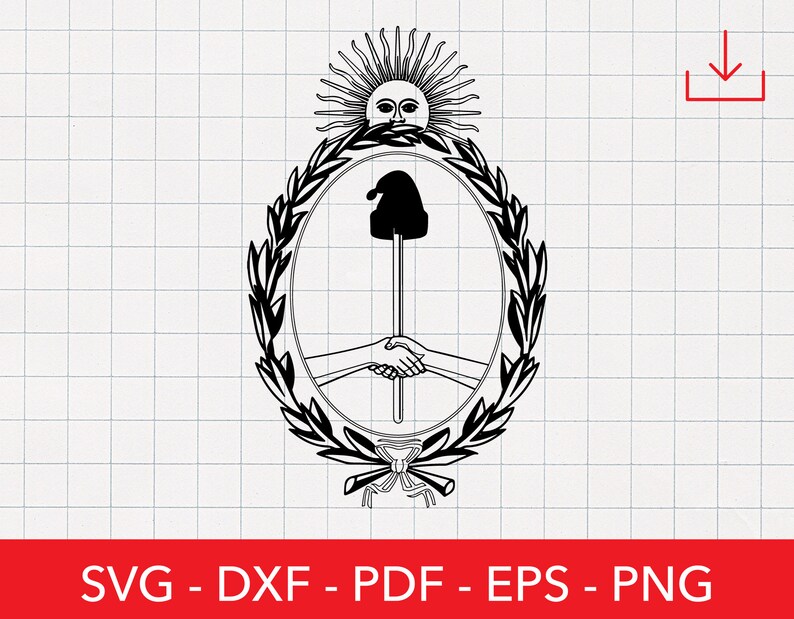 Puede incluir: Ilustraci&oacute;n en blanco y negro de l&iacute;nea de arte del escudo de armas de Argentina. El dise&ntilde;o presenta un sol con una cara humana, una corona de laurel, un gorro frigio y un bast&oacute;n con dos manos entrelazadas.