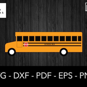 May include: A yellow school bus with black windows and a red stop sign. The bus has the words "SCHOOL BUS" printed on the side.