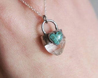 Small Quartz Crystal Necklace, Turquoise Heart Pendant, Eco Sterling Silver Necklace, Clear Quartz Rock, Handmade Jewellery