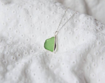 Lime Green Seaglass Necklace, sea glass pendant, English seaglass jewellery, ocean girl, beach glass, beach jewelleeco silver necklace,