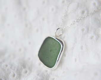 Green Seaglass Jewellery, Dark Seafoam Sea Glass, Sea Glass Jewellery, Handmade Jewellery, Sterling Silver Charm, Eco Gifts, Minimalist