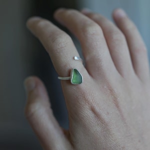 Green Sea Glass Ring: Adjustable Sterling Silver, Coastal Jewelry