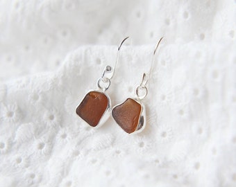Orange Sea Glass Earrings, Dangly Silver Earrings, Seaglass Jewellery, Eco Silver Jewellery