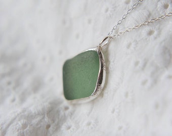 Green Silver Necklace, Seaglass Charm pendant, Sterling Silver Necklace, Green Glass, Handcrafted, One of a kind jewellery, Gifts for her