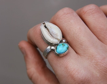 Cowrie Shell and Turquoise Stone Ring, Sterling Silver Statement Ring, Coastal Cowgirl Jewellery, Cowrie Shell Jewellery, Eco Handmade