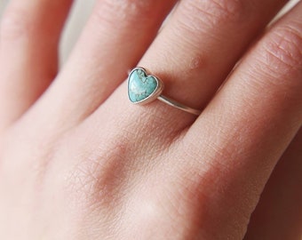 Turquoise Stacker Ring, Silver Heart Ring, Eco Sterling Silver, Handmade Jewellery, Dainty Minimal Ring