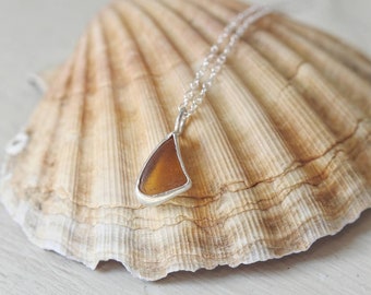 Sea Glass Necklace, Amber Seaglass Charm Silver Necklace, Eco Silver, Ocean Beach Jewellery, Handmade Jewellery