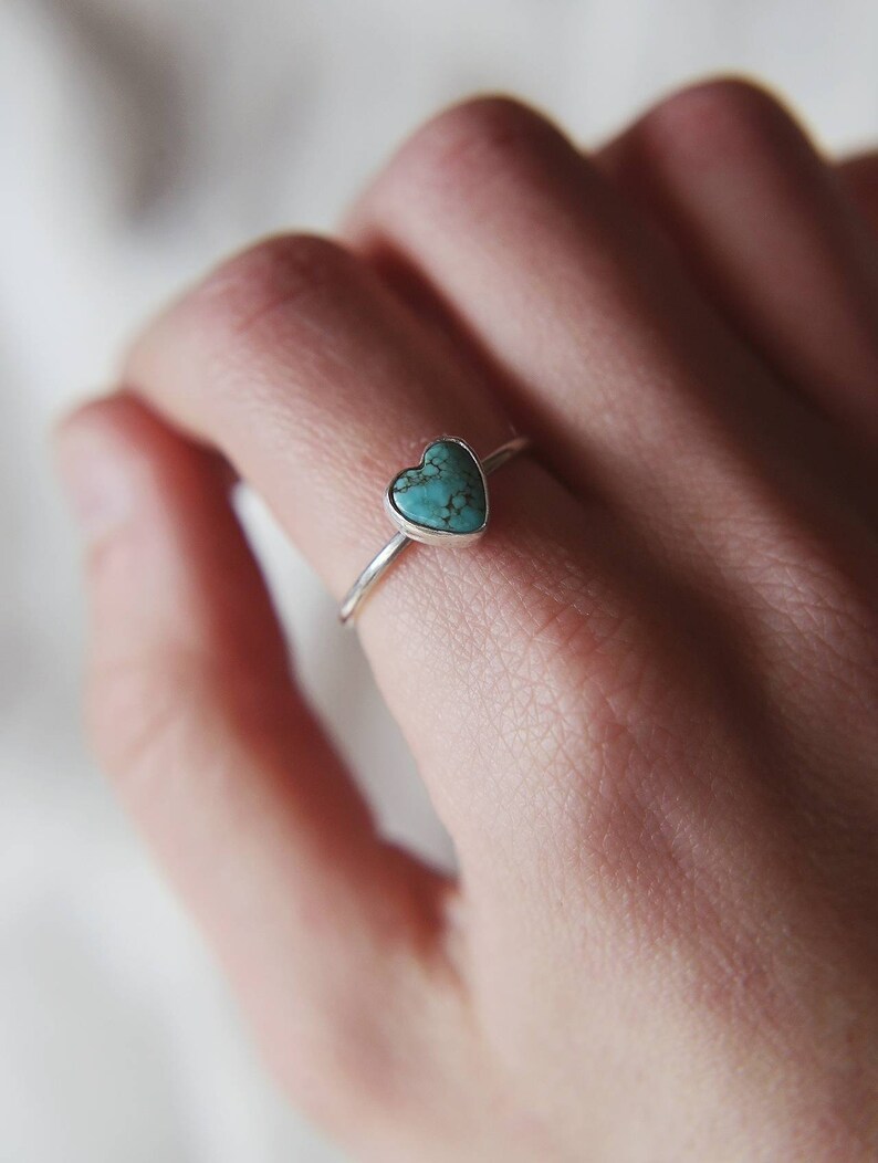 Turquoise Stacker Ring, Silver Heart Ring, Eco Sterling Silver, Handmade Jewellery, Dainty Minimal Ring image 4