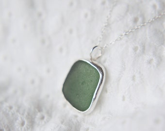 Dark Green Seaglass Necklace, sea glass pendant,, green seaglass jewellery, eco silver necklace, recycled silver, eco jewellery, eco gift