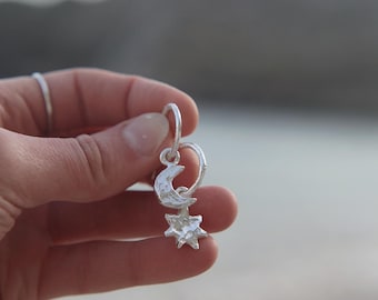 Sterling Silver Celestial Earrings: Moon and Star Hoops