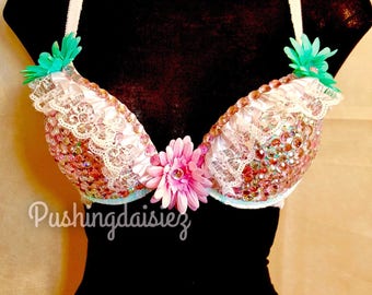 Pink and teal daisy rave bra 34B