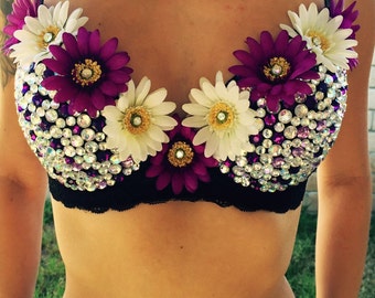Black and Purple Daisy Rave bra