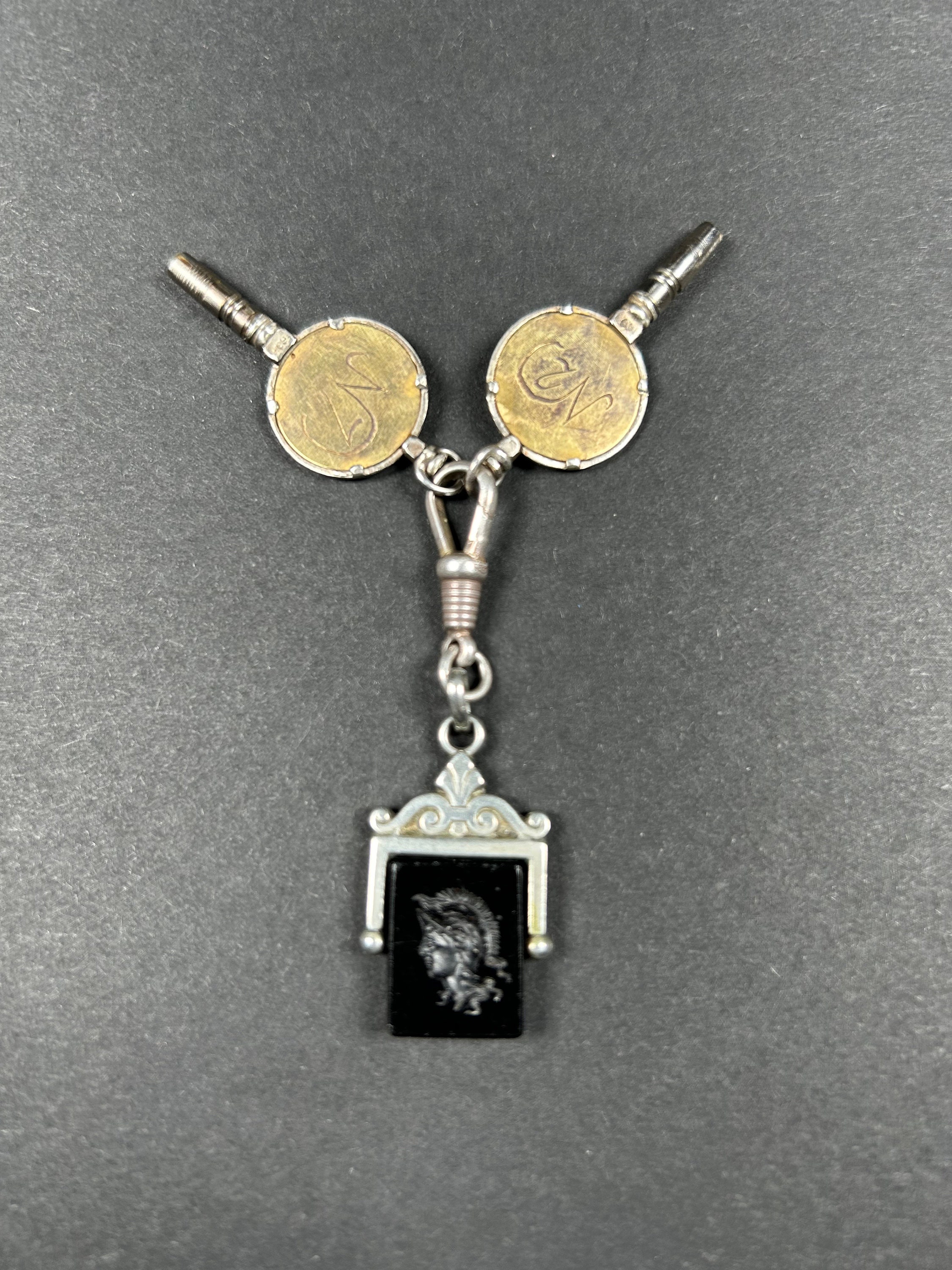 Vintage Silver Pocket Watch Fob Keys Onyx Intaglio 
