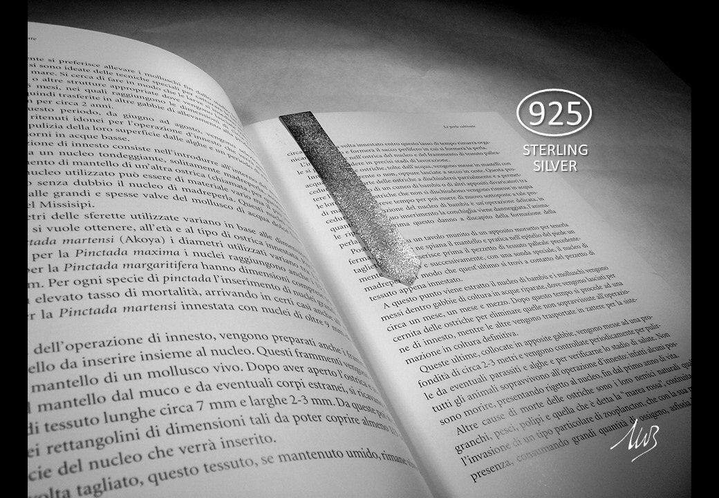 Bookmark in 925 Silver, retaining clip, custom engraving, perfect gift for book lovers, packaging in elegant case, handmade. mm12x90 APPROX