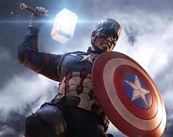May include: A superhero in a red, white, and blue costume holding a silver hammer and a red, white, and blue shield. The superhero is jumping in the air with a determined expression on their face.