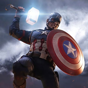 May include: A superhero in a red, white, and blue costume holding a silver hammer and a red, white, and blue shield. The superhero is jumping in the air with a determined expression on their face.