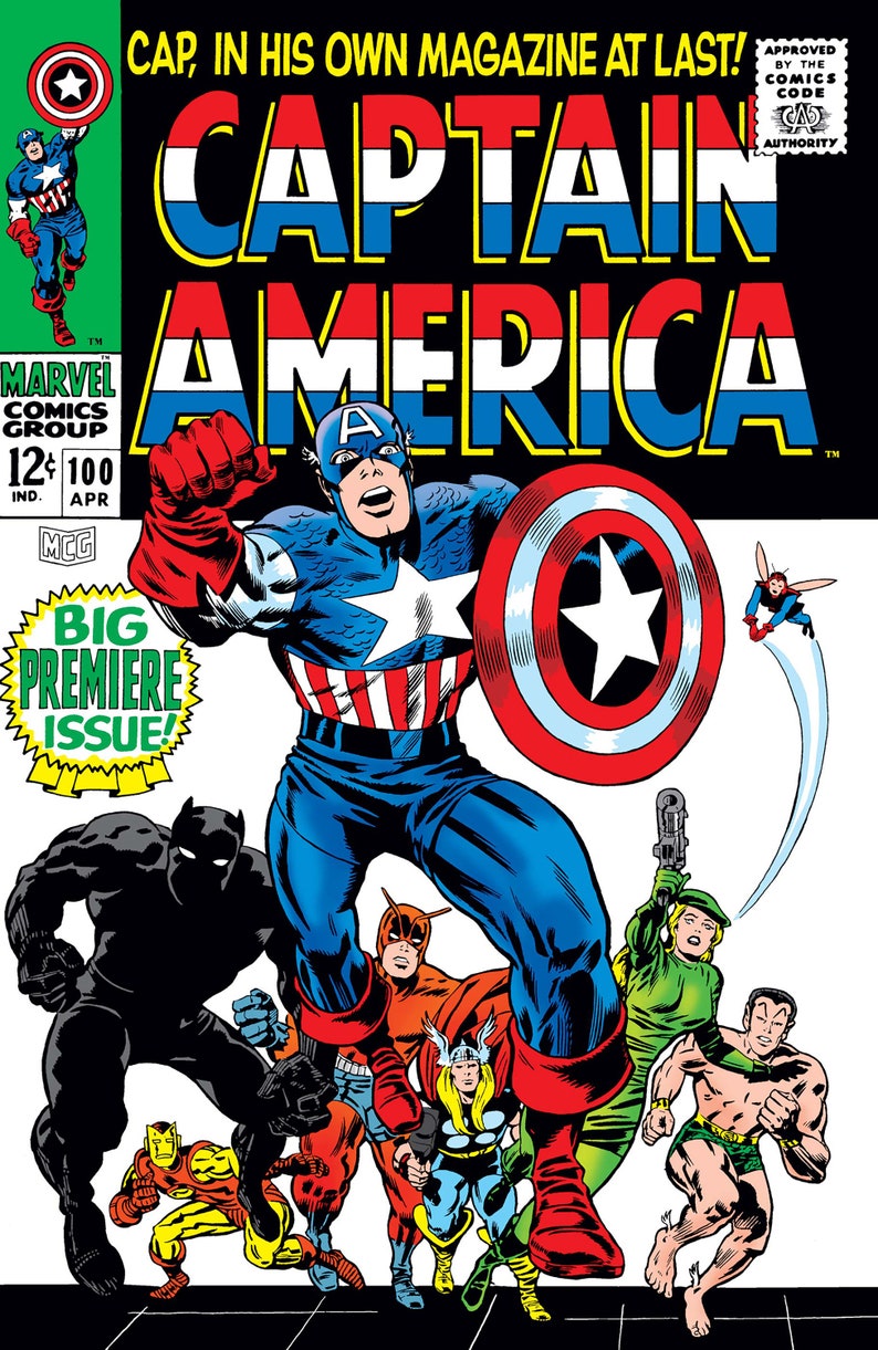 May include: Captain America comic book cover featuring Captain America in his red, white, and blue costume, holding his shield. The cover also features other superheroes including Iron Man, Thor, Black Panther, and the Wasp.