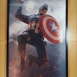 May include: A superhero in a blue, red, and white costume holding a hammer and a shield. The superhero is jumping in the air with a determined expression on their face. The background is a cloudy sky with a fiery glow.