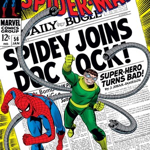 May include: A comic book cover featuring Spider-Man and Doctor Octopus. The cover is red, yellow, and blue with the title "The Amazing Spider-Man" and the text "SPIDEY JOINS DOC OCK!" in large, bold letters. The image shows Spider-Man in a red and blue suit, swinging from a web, and Doctor Octopus in a green suit with four mechanical arms.