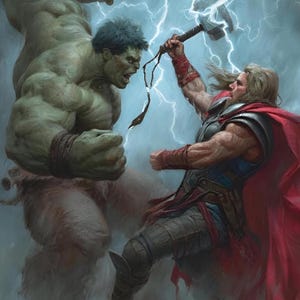 May include: An illustration of a battle scene between Thor and the Hulk. Thor, with flowing blonde hair and a red cape, holds a hammer as lightning strikes. The Hulk, a large green figure, faces Thor with an angry expression.