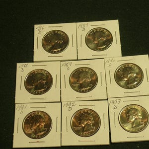 Lot of Eight Different (8) Washington Quarters- BU from Mint Sets- Uncirculated - dates from 1986 D -1992 D  (Lot 54)