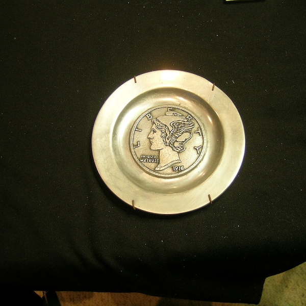 Mercury Dime collectible plate - pewter-like  -- 6 inches across