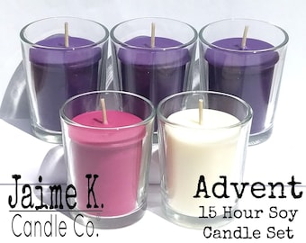 Advent 15 Hour Soy Votive Candle Set with Glass Holders