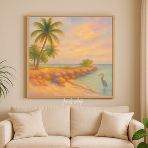Tropical Beach Watercolor Print | Coastal Wall Art | Palm Tree Ocean Sunset Painting | Heron Art | Key West Digital Download | Jewels Arte