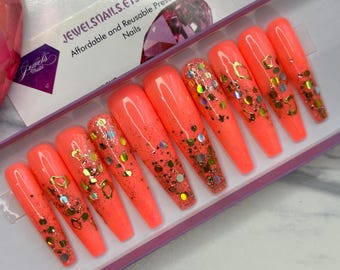 Neon Melon x Jeweled out ||  reusable || press ons || false || hard gel || Jewels Nails