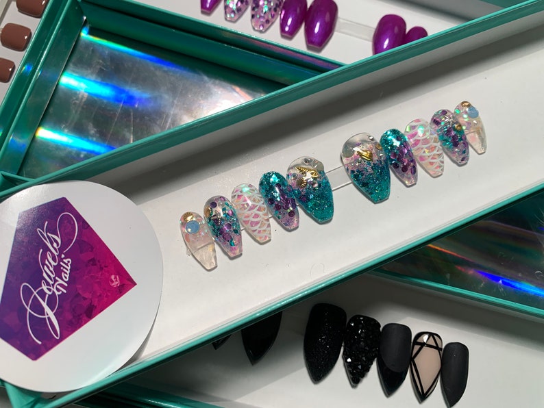 Sea Theme Nails Mermaid Nails Glitter Uv Gel Nails | Etsy