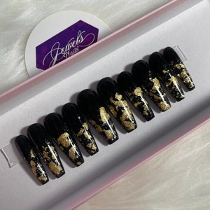 READY to SHIP | Black and Gold | Size XS (3,6,5,6,9) | shape #12 X long curve ballerina | Gel color nails | Jewels Nails
