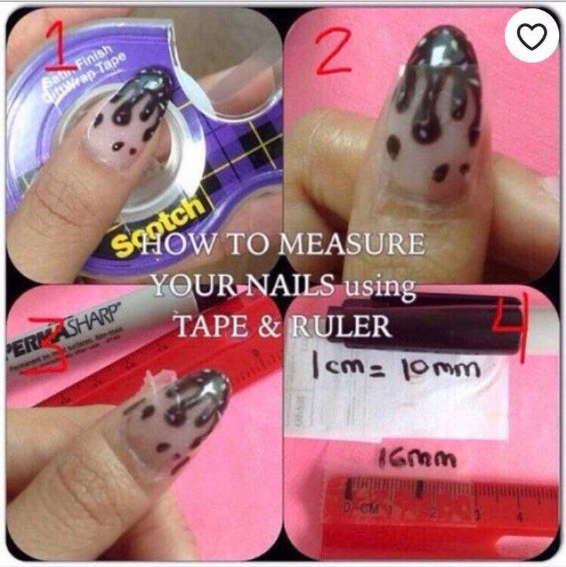 Puede incluir: Una gu&iacute;a paso a paso sobre c&oacute;mo medir tus u&ntilde;as usando cinta adhesiva y una regla. La imagen muestra un dedo con un dise&ntilde;o de u&ntilde;as en blanco y negro, un rollo de cinta adhesiva, un marcador negro y una regla roja. El texto dice "HOW TO MEASURE YOUR NAILS using TAPE & RULER 1cm=10mm 16mm".