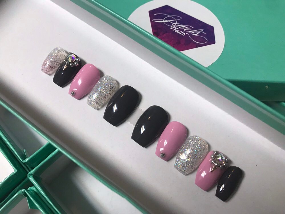 Pink & Gray Nails Glitter Hard Gel Swarovski Studs | Etsy