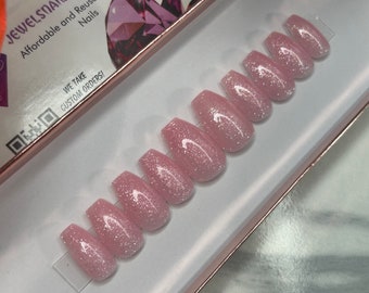 Glittered Opaque Pink Jelly Nails | Gel overlay | Reusable | Thick Press on nails  | Jewels nails