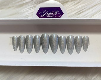 Könnte beinhalten: Satz mit zehn silbernen Glitzer-Stiletto-Kunstnägeln in einer weißen Box. Die Box trägt den Text "Jewels Nails".