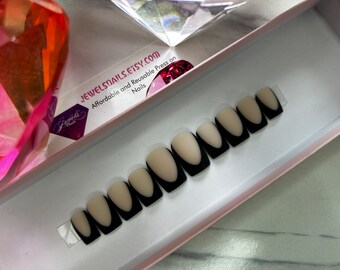 Black & Beige French Manicure | Hard Gel/Gel overlay with black gel color| reusable | Jewels Nails