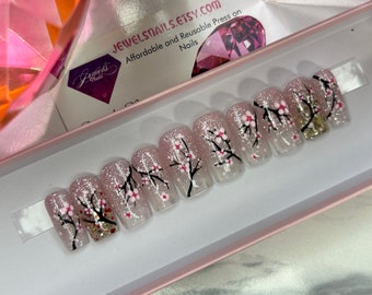 Cherry blossoms | hard gel nails | reusable | jewels nails |