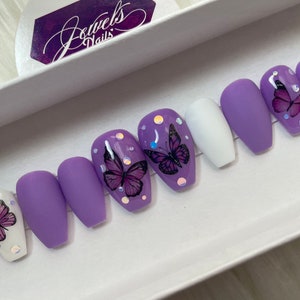 READY to SHIP | Purple Butterflies | Size Medium | shape #8 coffin| Gel nails (can be reusable) | Jewels Nails