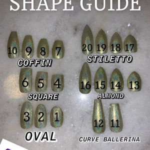 May include: A guide to different nail shapes with numbers corresponding to each size. The shapes include coffin, stiletto, square, almond, oval, ballerina, and curve.