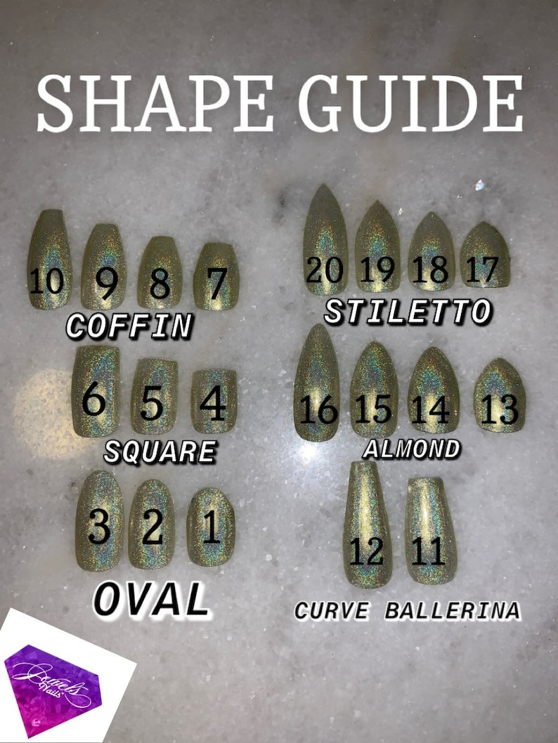May include: A guide to different nail shapes with numbers corresponding to each size. The shapes include coffin, stiletto, square, almond, oval, ballerina, and curve.