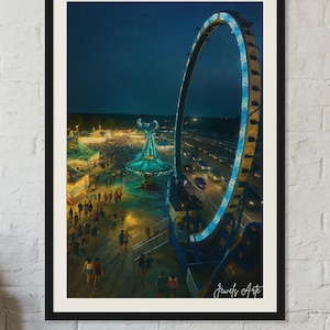 Karneval Nacht Lichter am Kaninchen Fest Digital Druck | Buntes Fair Fahrt Dekor | Lebendiges Festival Printable | Karneval in der Dämmerung | Juwelen Arte